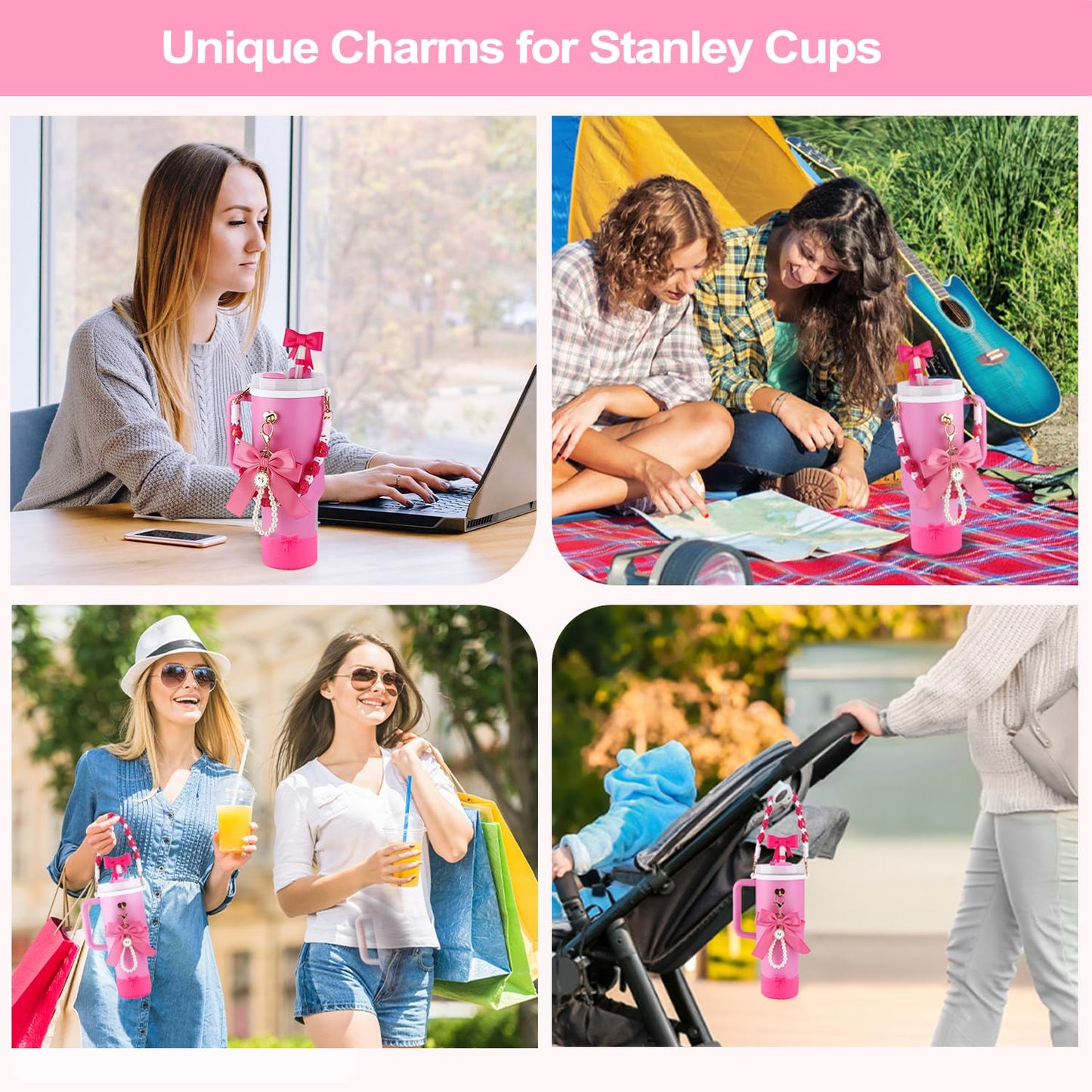 Wututir Stanley Cup Accessories Set,40oz & 30oz Tumbler Accessories Including Bow 0.4in Straw Topper Cover,2.95in Silicone Bling Boot,Bow Charms,Water Bottle Handle Strap for Women Gift (Dark Rose)