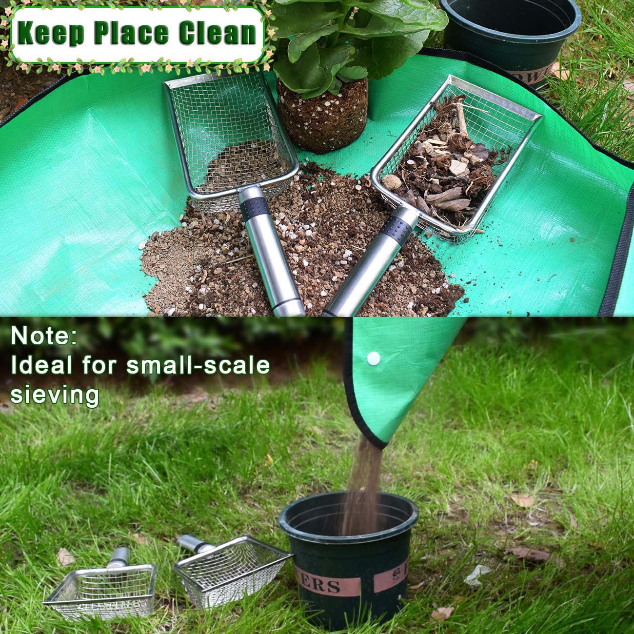 Soil Sifter for Gardening, Soil Sieve Compost Sifter with Repotting Mat, 3.8/5mm Mesh Sieve, Garden Sifter Shovel for Rocks, Sand, Dirt, Ideal for Small-Scale Sieving