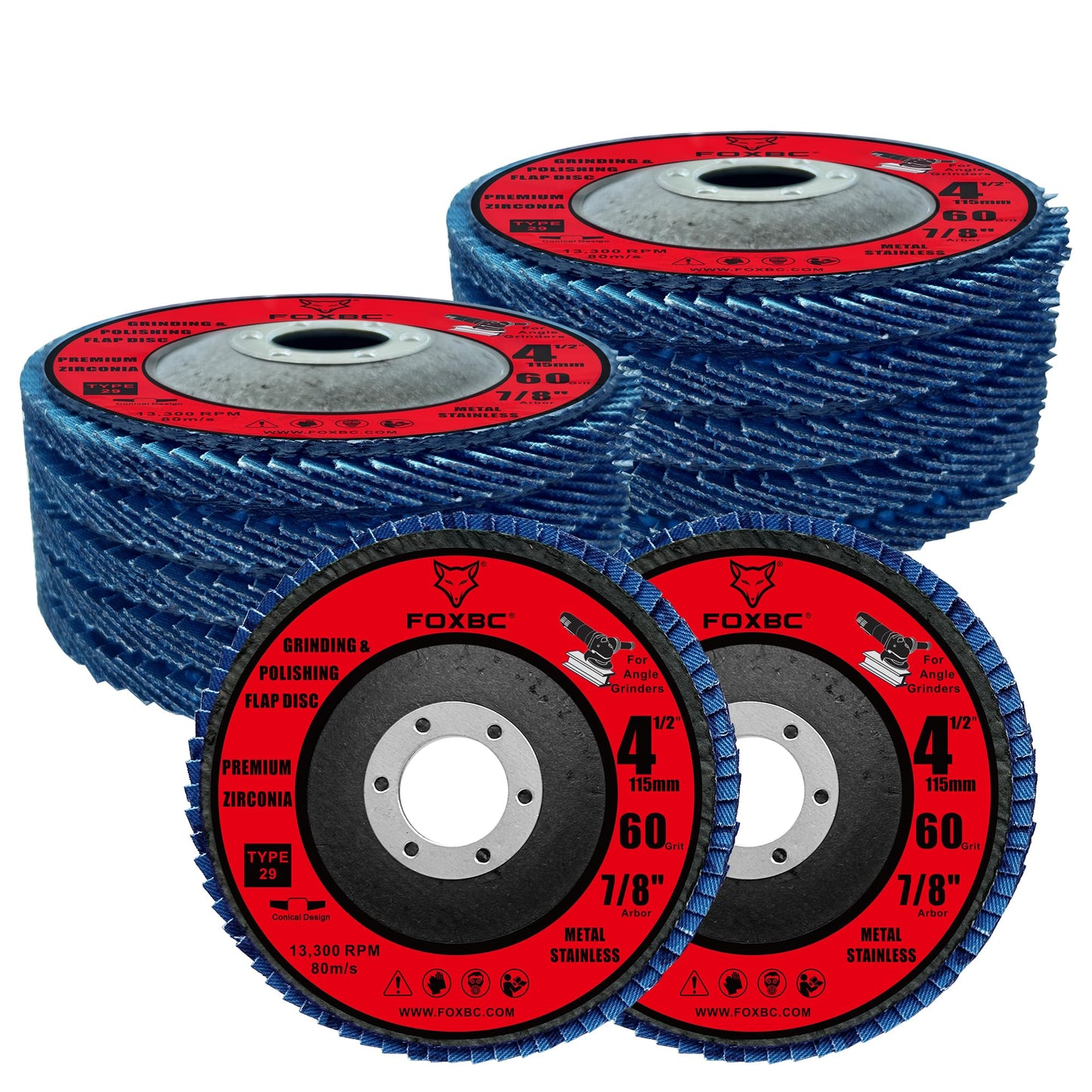 FOXBC 4-1/2 inch Flap Disc 60 Grit for Angle Grinder, Type 29, Premium Zirconium Grinding and Polishing for Metal, 10 Pack