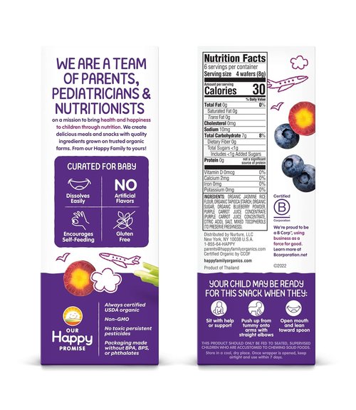 Happy Baby Organic Teething Wafers - Soothing Blueberry & Purple Carrot Rice Cookies | 0.14 Oz Packets (Box of 12)