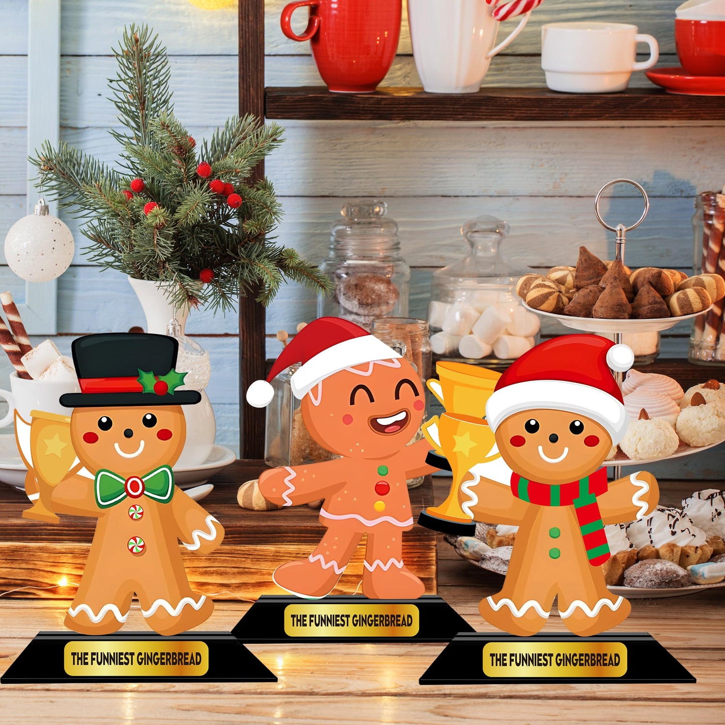 LOTADILO 3 Pcs Christmas Contest Trophy Set Wooden Gingerbread Man Contest Trophy Funny Trophies Gingerbread Man Cookie Santa Snowman Funny Party Prizes for Adults Xmas Decorations