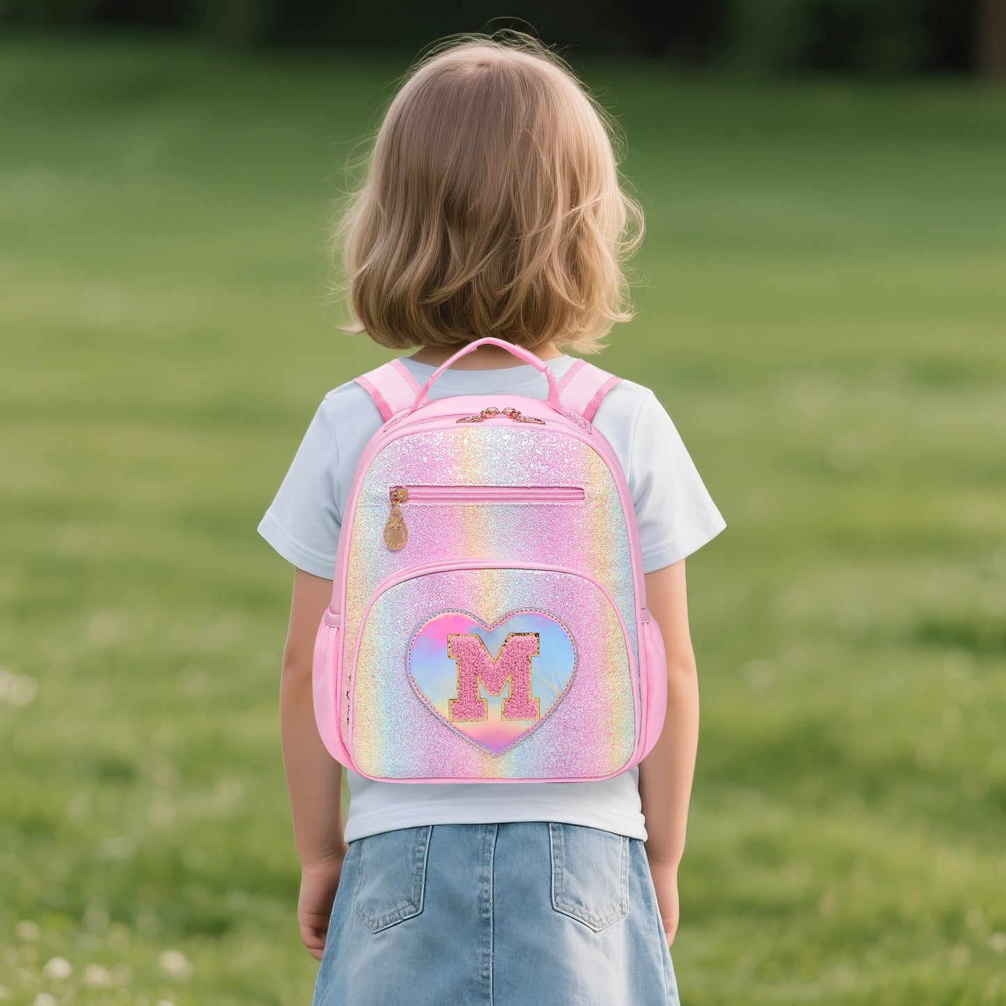 I IHAYNER Glitter Kids Backpack for School Travel & Daycare, Cute Pink Backpack with Initial, Lightweight Preschool Elementary Backpack for Girls, Personalized Gifts for Toddler & Little Girls