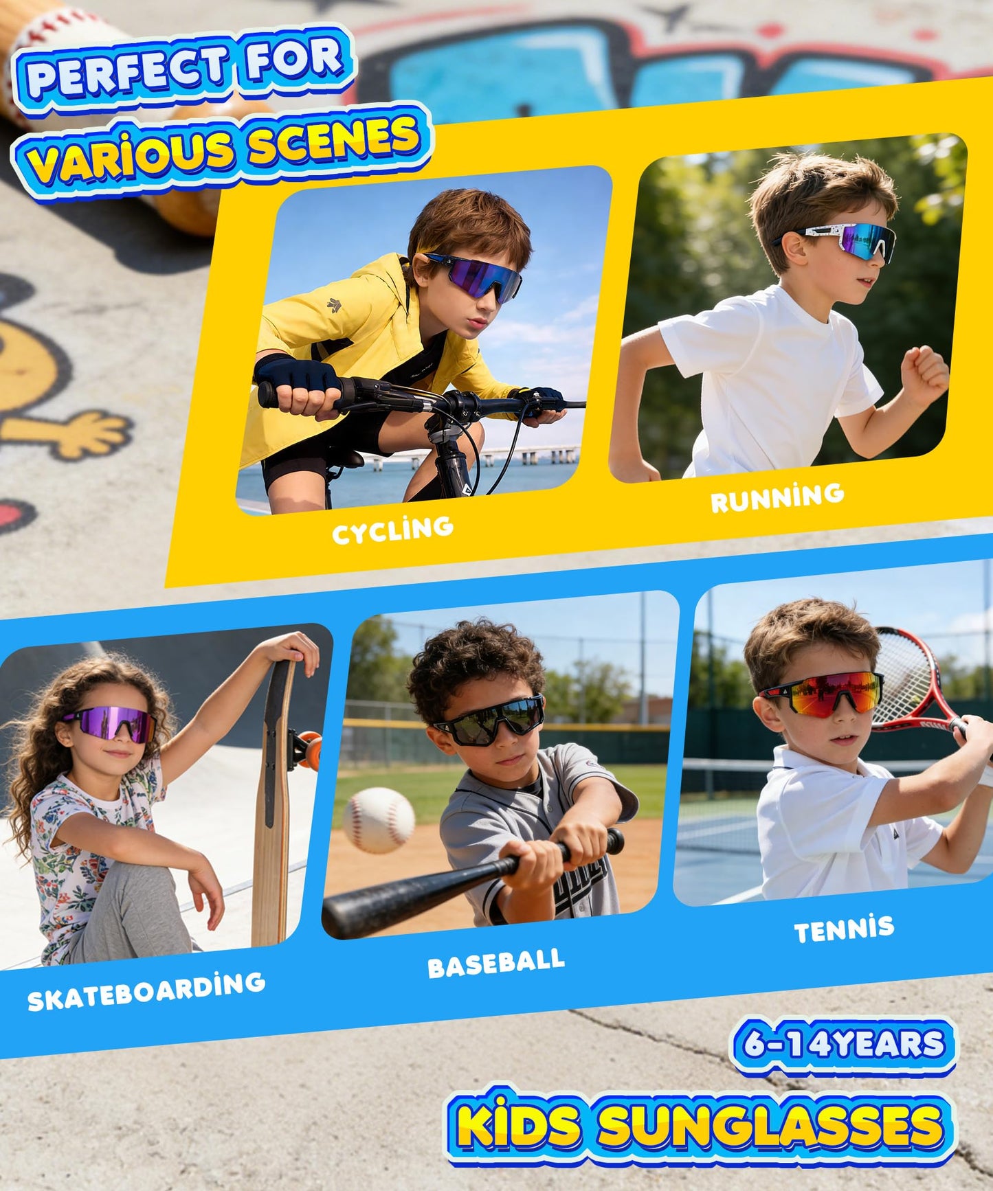 KALIYADI Kids-Sunglasses Toddler-Sunglasses Boys-Girls Youth-Sport-Sun-Glasses: Baseball Running UV400 Protection Age 6-14