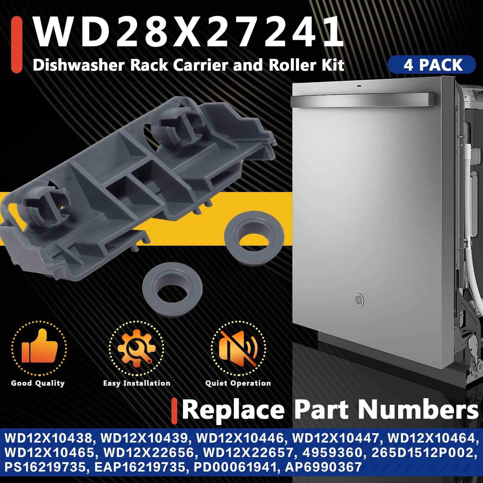 4 Pack WD28X27241 Dishwasher Rack Carrier and Roller Kit,Replacement Fit for G.E,Hot-point,Hai-er Dishwasher Lower Rack Wheels Assembly, Fit with Both Left and Right Side,Replace WD12X10447 WD12X10446