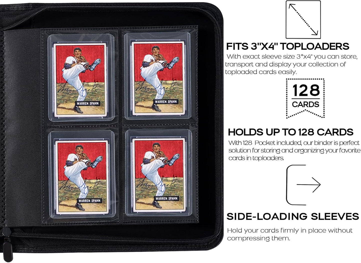 Top Loader Binder - Holds 128 Trading Cards | 4 Pocket Design for 3" x 4" Rigid Holders - Classic White