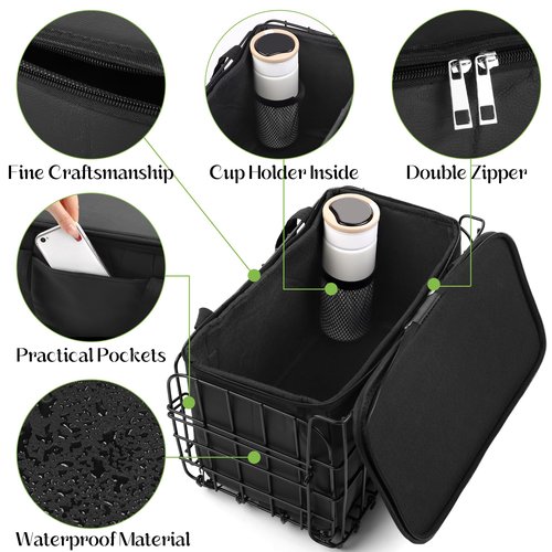 Aodaer Bike Basket with Removable Liner Bag Cargo Net Large Folding Bike Basket Quick Release Metal Ebike Basket Bicycle Storage Basket for Carrying Fruit & Grocery Pets Dogs (Front Basket with Bag)