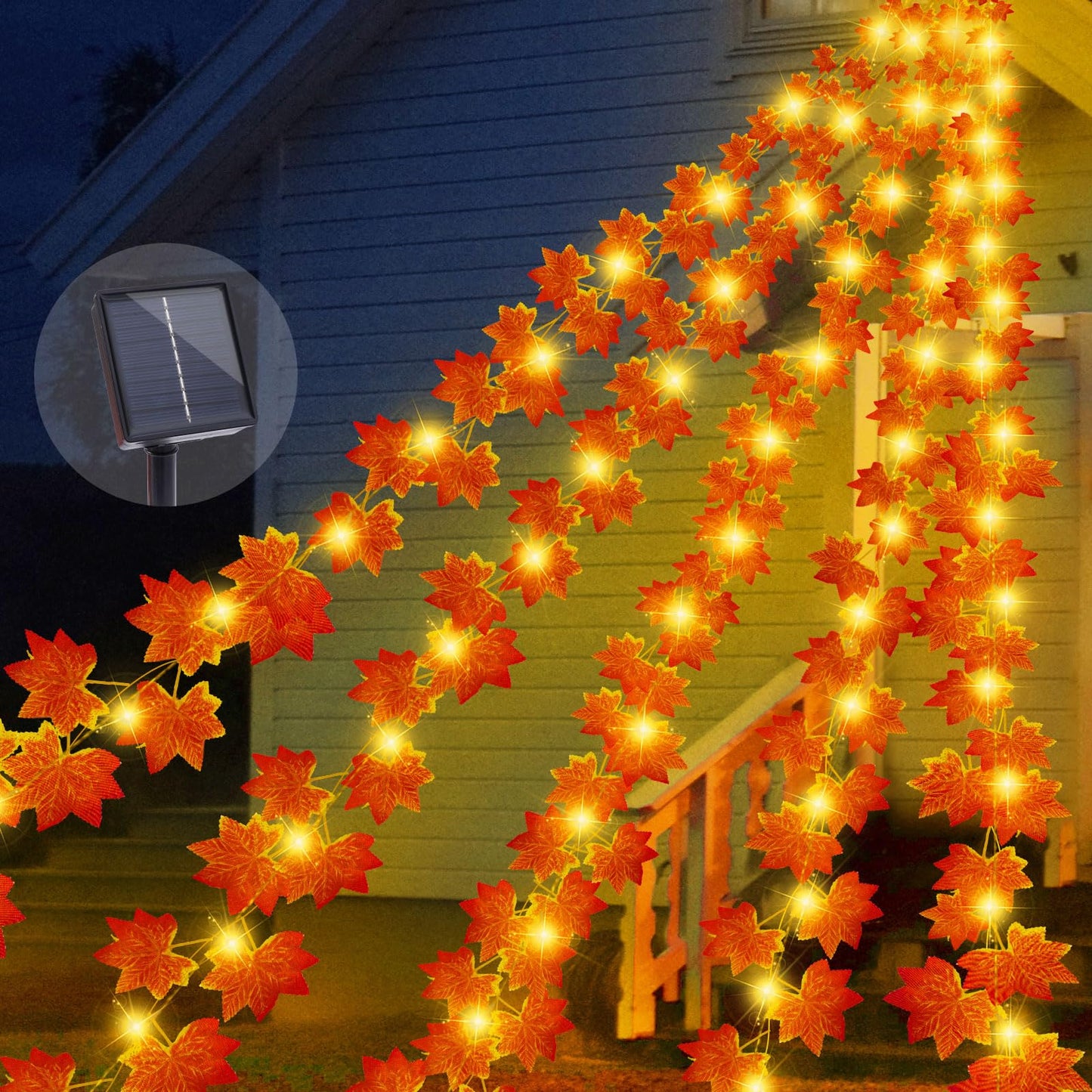 13.5FT*5 Branches Maple Leaf with Fairy Lights, Solar Powered Autumn Fall Decor String Lights, 8 Modes Waterproof Triangular Thanksgiving Decorations for Eaves, Tree, Patio, Garden, Yard (Maple Leaf)