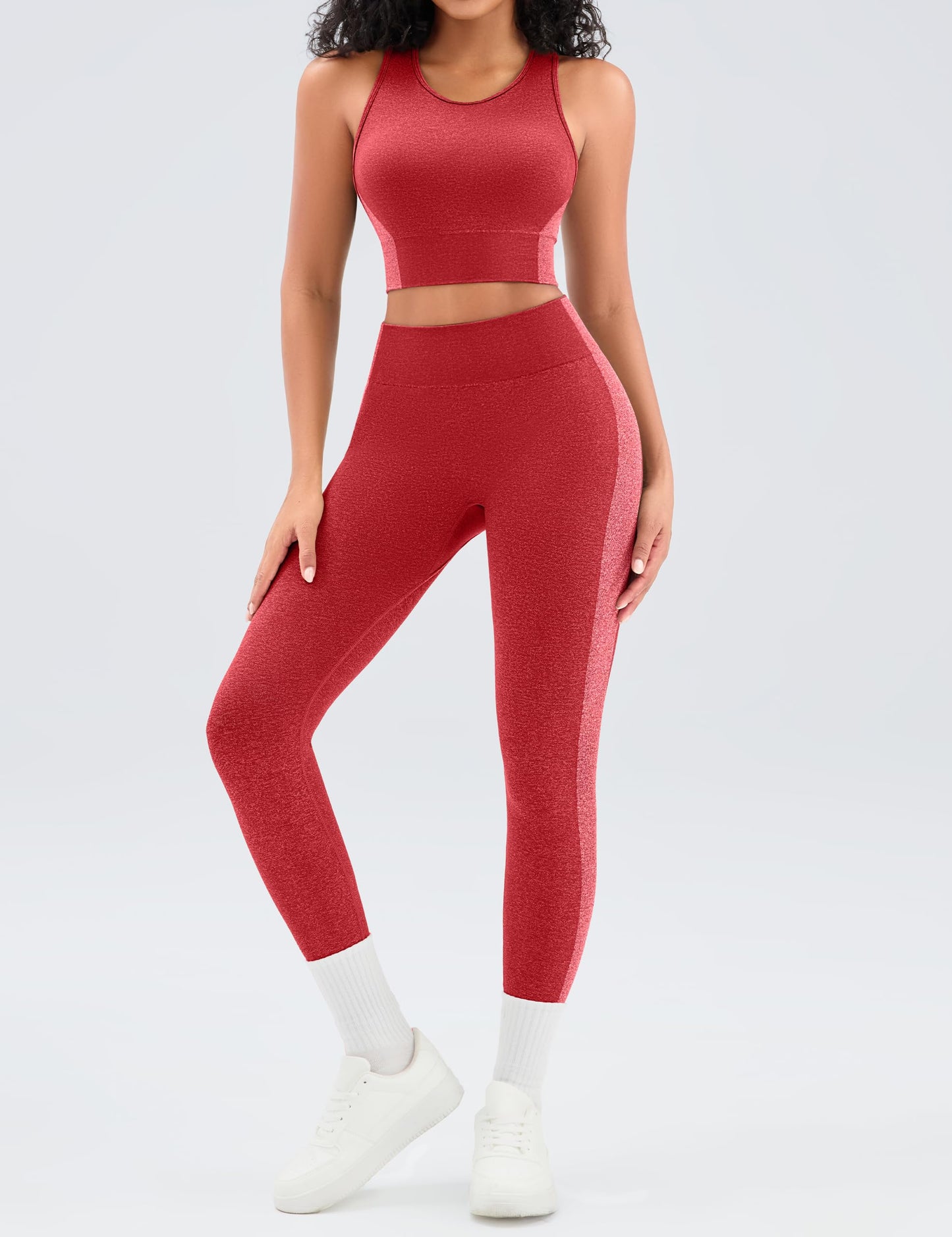 Relety Womens Workout Sets 2 Piece Seamless Padded Raceback Sports Bra Butt Lifting Leggings Color Block Gym Yoga Outfits - Red Large