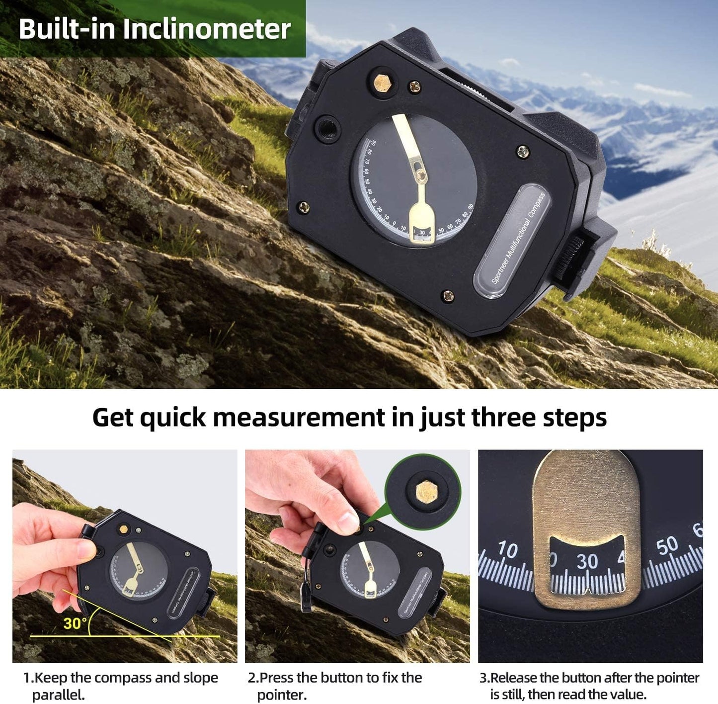 Sportneer Multifunctional Compass - Army Green & Black with Inclinometer for Camping & Hiking