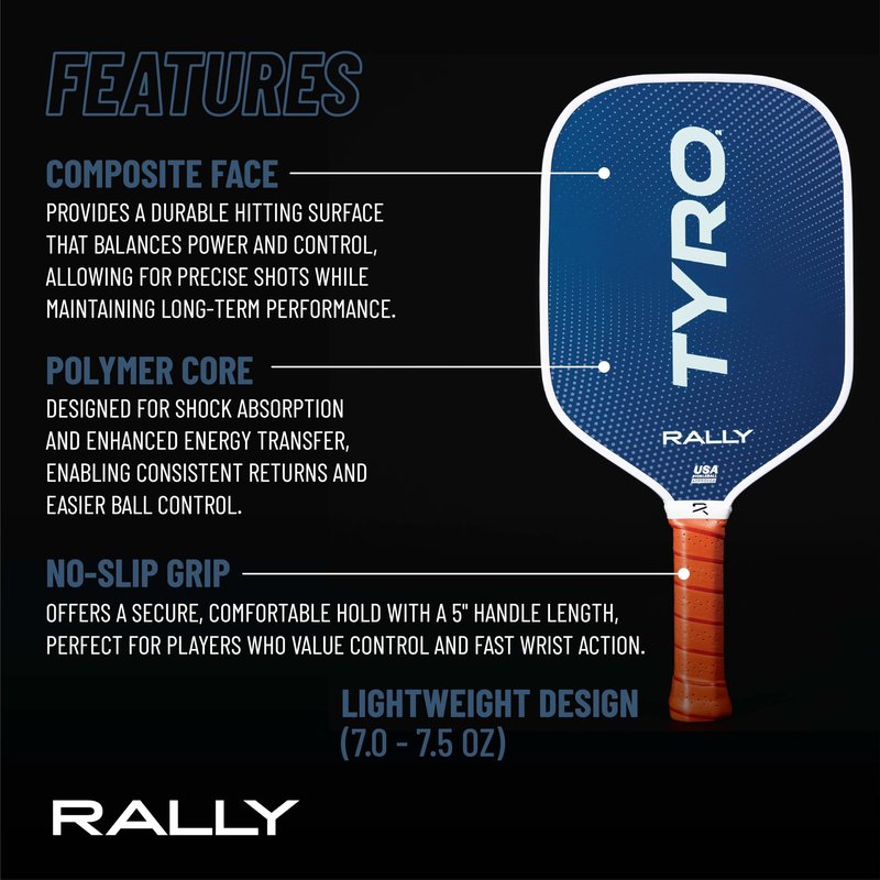 Rally Tyro 2 Pickleball Paddle – Lightweight 7.0-7.5 oz, Durable Polymer Core, Composite Face, 5" Handle for Extra Grip – Great for Beginners - USAPA Approved
