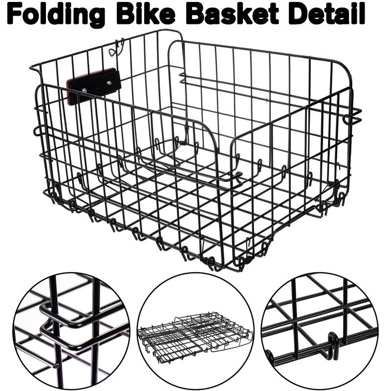 Suwimut Folding Rear Bike Basket, Quickly Release Metal Wire Bicycle Basket Cargo Rack with Strap & Reflective Tail Light for Most Mounted Bike Rack, Adult Women Men Carrying Dogs, Pets, Grocery