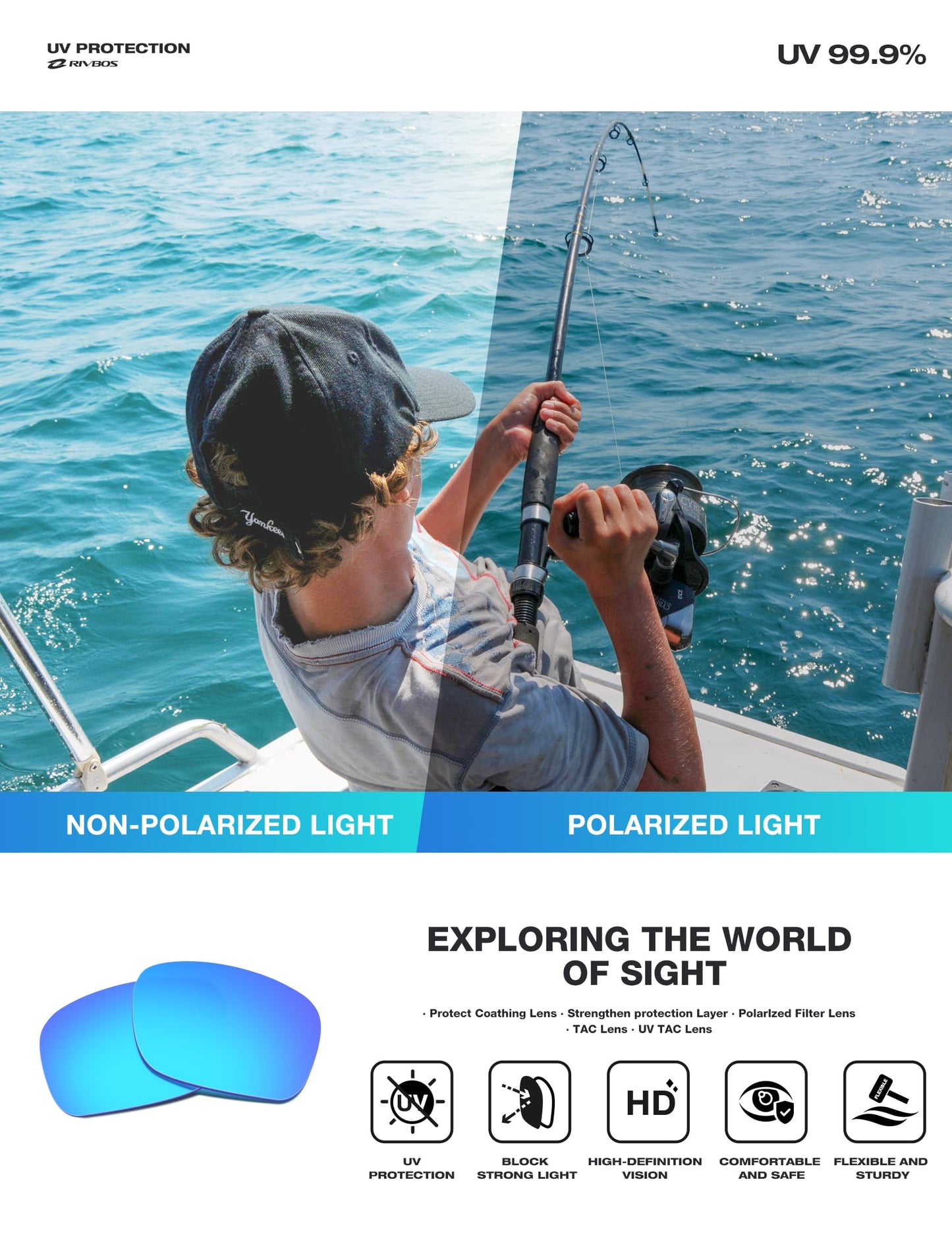 RIVBOS Polarized Sports Sunglasses Driving Sun Glasses Shades for Men Women Tr90 Frame for Cycling Fishing Running RB831 White Frame/Blue Lens