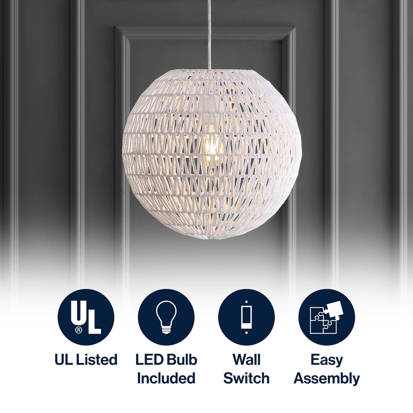 JONATHAN Y JYL6503A Luna 15.7" Woven Rattan Orb LED Pendant Minimalist Modern Contemporary Transitional Bohemian Modern Dimmable Adjustable Dining Room Living Room Kitchen Foyer Bedroom Hallway, White