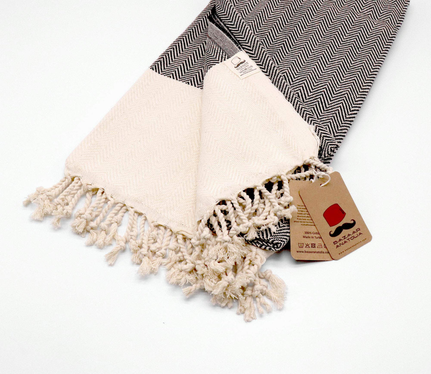Bazaar Anatolia Turkish Beach Towel 100% Cotton Bath Towels 71x39 Quick Dry Sand Free Lightweight Large Oversized Herringbone Black