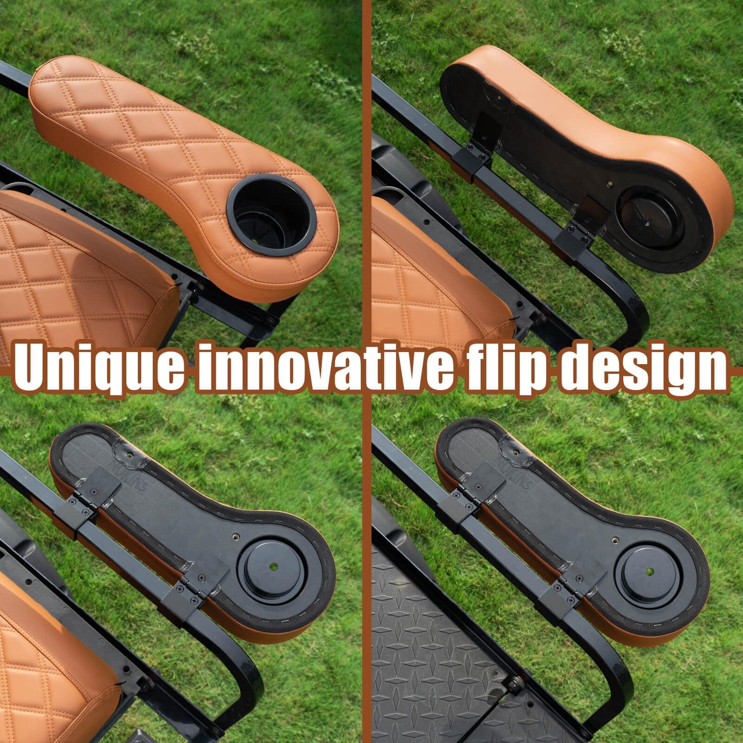 NOKINS Golf Cart Diamond Flip Armrest with Cup Holder, No Drilling Required, Golf Cart Folding Hinged Armrest, Inward Mount, for Club Car EzGo Yamaha Back Seat Kit (Diamond Brown)