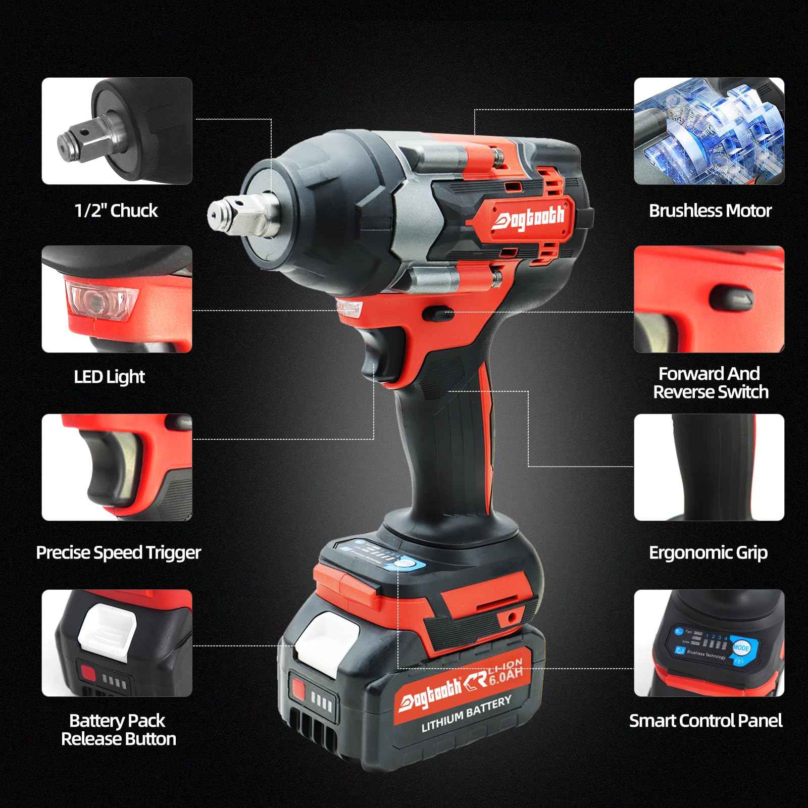 Dogtooth 20V Cordless Impact Wrench 1/2'', High Torque Maximum 850 NM, Brushless Motor, Variable Speeds Max 3200RPM, 2 * 4.0 Ah Battery and Charger in Combo Kit, Compatible with Makita 18V Battery