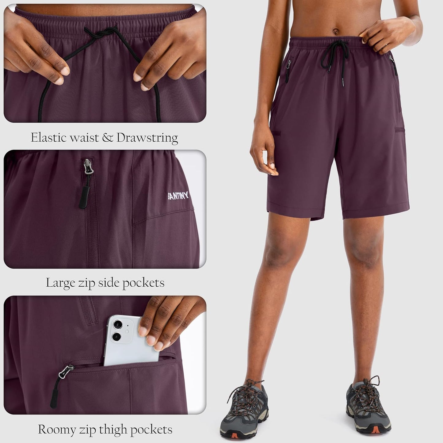 SANTINY Women's Quick-Dry Hiking Cargo Shorts - Lightweight Athletic Shorts with Zipper Pockets | 5''/7''/9'' Sizes