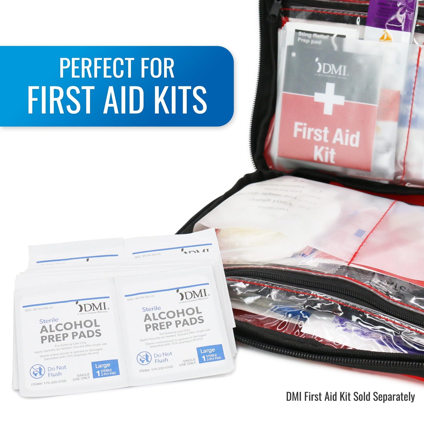 DMI Alcohol Prep Pads, 500 Count (5 Boxes of 100), Medical Grade Large 70% Isopropyl Alcohol, 2-Ply Individually Wrapped Antiseptic Wipes for Medical, Cleansing, and Injections