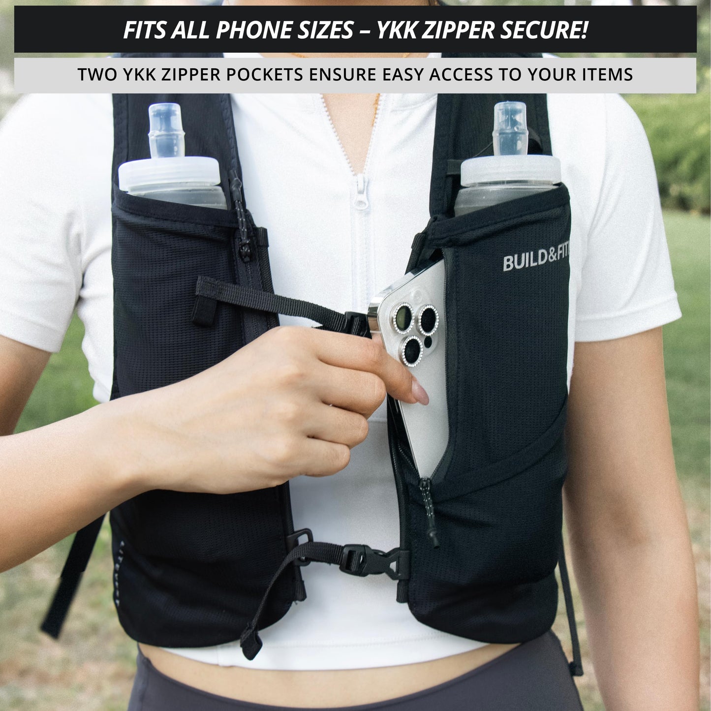 Build & Fitness LITEVEST Running Vest with 2X 500ml Soft Flasks – 7 Pockets, Lightweight, Breathable Hydration Vest – Premium, Secure, Comfort & Style for Training, Trails, Marathons & Everyday Runs
