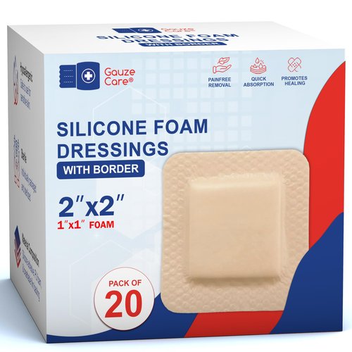 GauzeCare Silicone Foam Dressing 2x2 (Pack of 20) – Waterproof Wound Bandages with Adhesive Border, Self-Adhesive and Highly Absorbent Silicone Bandages for Effective Wound Care