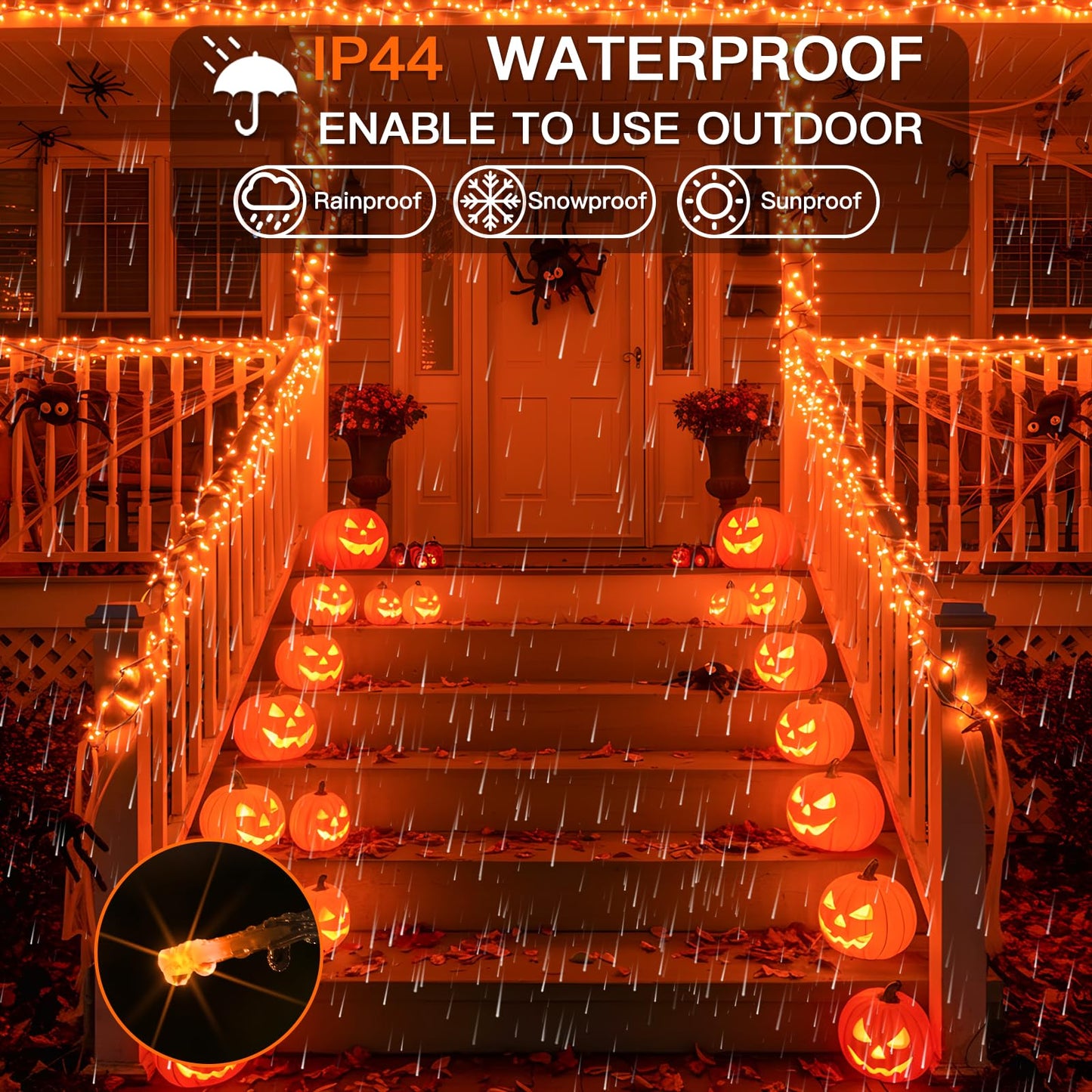 suddus Orange Halloween Lights Outdoor with Remote, 66ft 200 LED Connectable Waterproof String Lights Plug in, Dimmable Clear Wire Fairy Lights for Fall, Thanksgiving, Party, Tree, Garden, Porch Decor