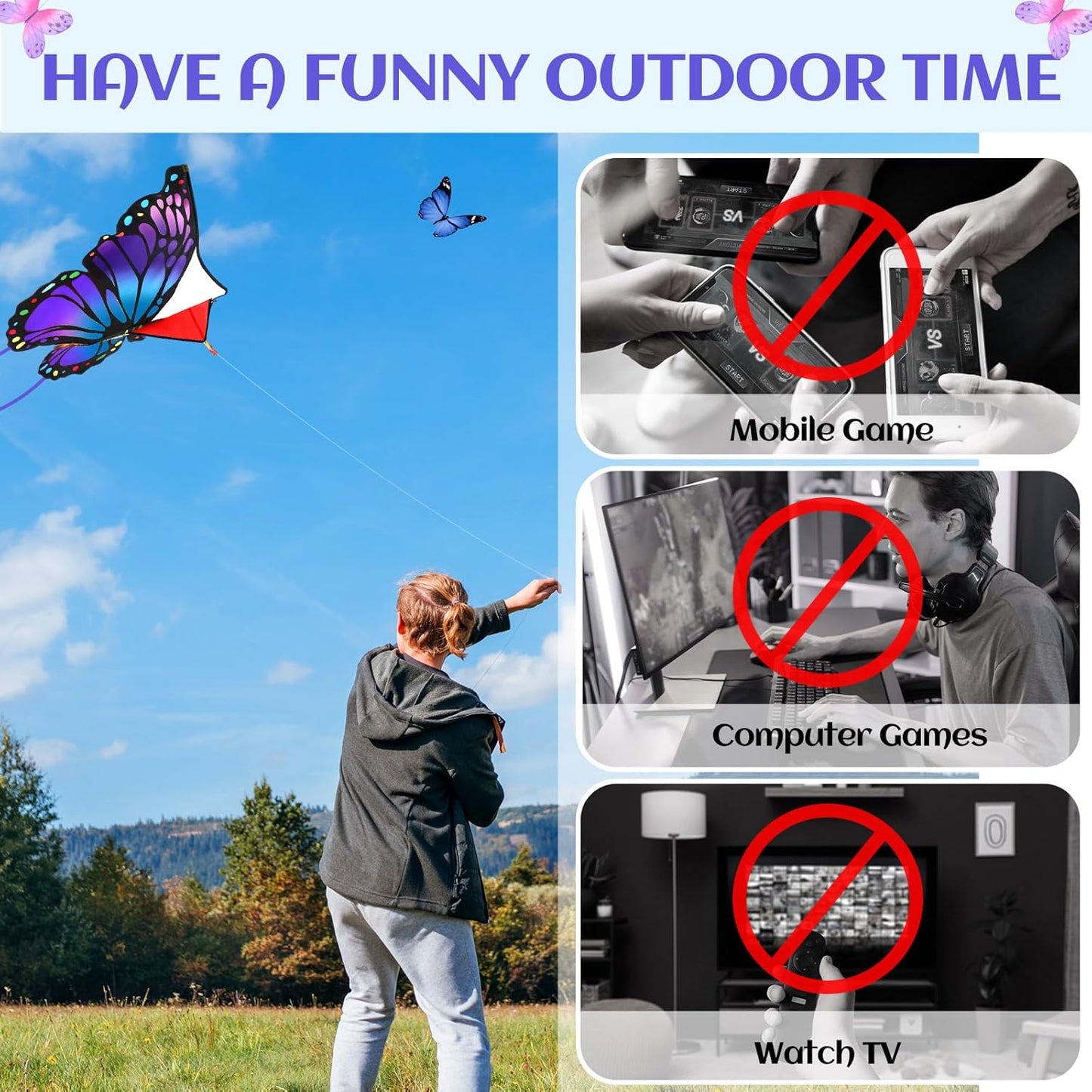 Silipull Butterfly Kites - Large 55"x28" Colorful Kites with 328ft String for Adults & Beginners | Purple & Orange