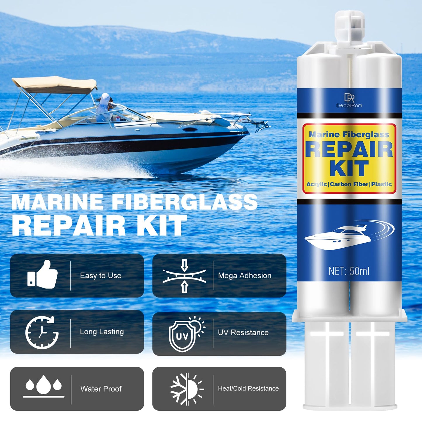 Marine Fiberglass Repair Kit - 3.4oz White Gel Coat & Gelcoat Repair Kit for Boats, Fiberglass Repair Epoxy Filler, Fast Repair for Scratches, Cracks, Holes, Fiber Glass Patch Kit for Acrylic