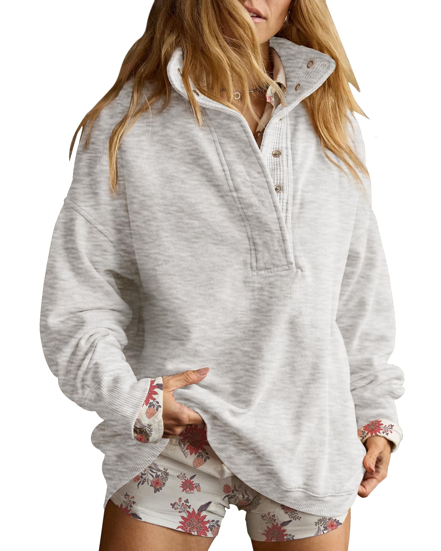 Gacaky Sweatshirt for Women Oversized Casual Long Sleeve Button Henley Neck Pullover Tops Fashion Outfits Clothes Light Gray X-Large