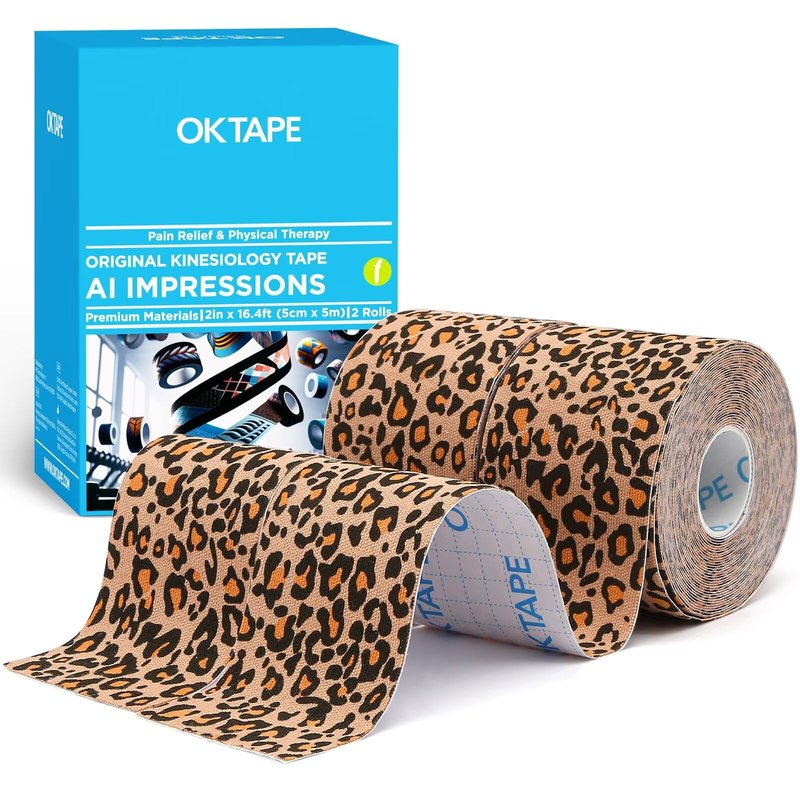 OK TAPE Hypoallergenic Digtal Printed Kinesiology Tape, Elastic Sports Athletic Tape, 2 Rolls, 2in×16.4ft Uncut Roll-Cheetah