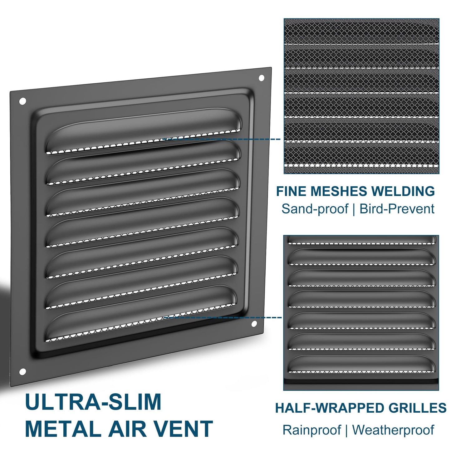 Metal Vent Cover, 6" x 6" Square Soffit Air Vent Louver, Grille Cover, Built-in Mesh Screen, HVAC Vents for Bathroom, Home Office, Kitchen (Black 1PC)