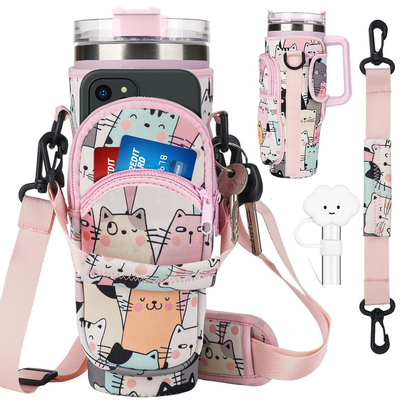 Water Bottle Holder Carrier Bag with Large Phone Pocket,Neoprene Water Bottle Carrier with Strap for Stanley 40 OZ Tumbler, Wrap Around Drink Purse Cup Holder with Straw Cover Accessories