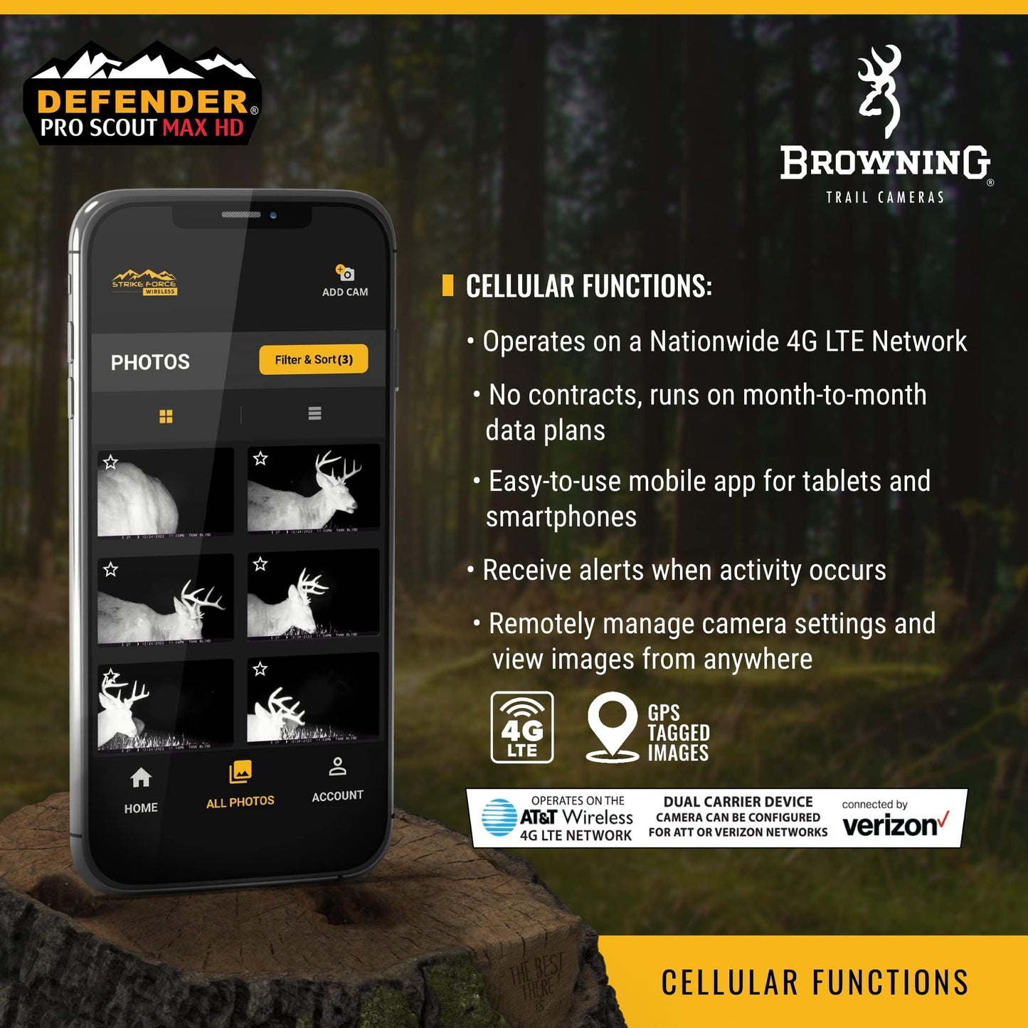 Browning Trail Cameras Defender Pro Scout Max HD 24MP Dual SIM Cellular Trail Camera - Ultra High Gain Antenna, Smart Infrared Video, 100' Detection Range & Smartphone App Compatibility
