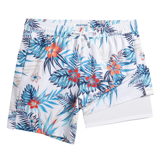 maamgic 2 in 1 Mens Swim Trunks 7 Inch Swim Shorts Swim Suits Board Shorts Floral-White