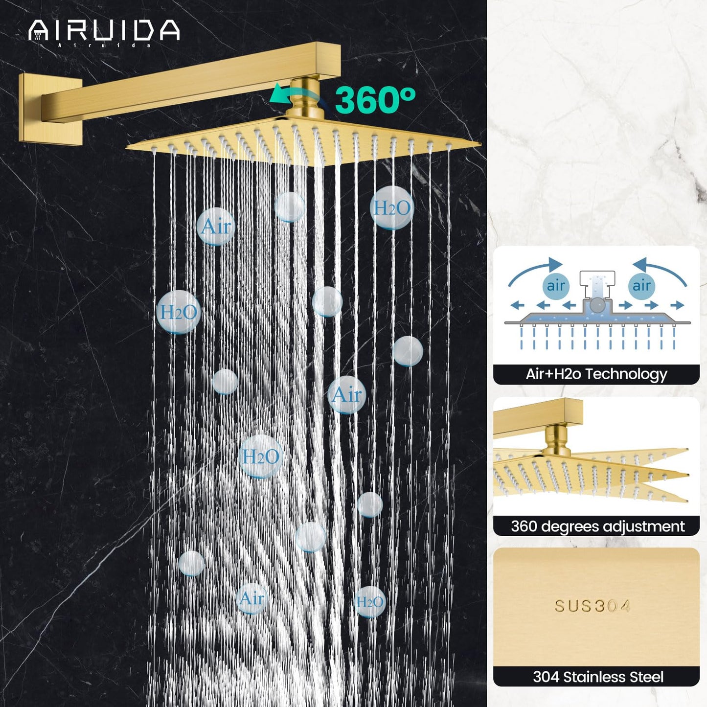 Airuida Bathtub Shower Faucet Set with Tub Spout Faucet Kit and 8 Inch Square Rainfall Showerhead Modern Complete Tub Shower Trim Kit with Solid Brass Rough-in Valve Brushed Gold
