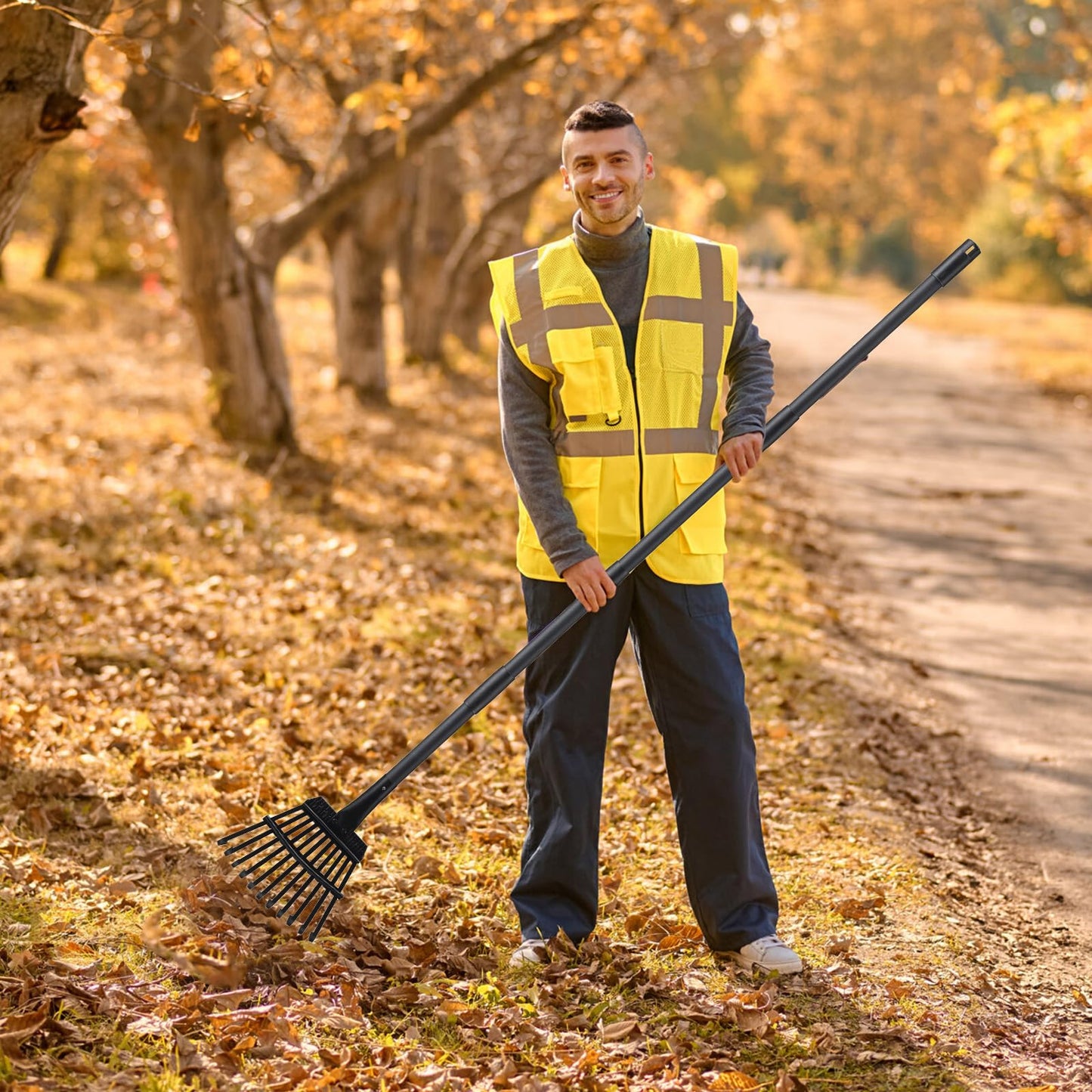 Small Rake for Leaves, 11 Metal Tines Narrow Leaf Rake, 60'' Leaf Rakes for Lawns with Adjustable Steel Handle for Camping Flower Beds Mulch Shrub, Black