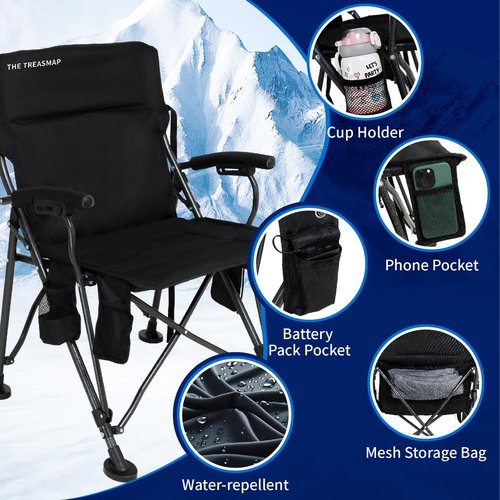 Heated Camping Chairs Adults Folding: Oversized Foldable Outdoor Chair for Outsides with Cup Holder – Heavy Duty Heating Portable Chair Sports Fishing Soccer Lawn Battery NOT Included (Black, X Large)