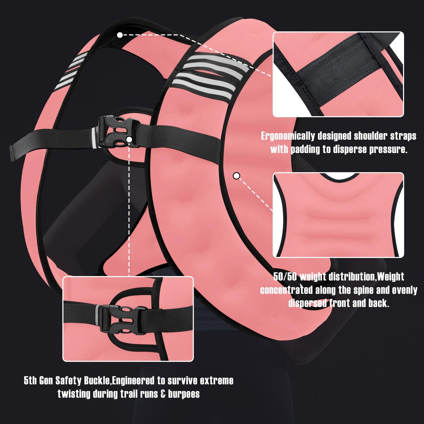 NATURELUX Weighted Vest with Reflective Stripe and Adjustable Buckle Straps, Pastel Pink, 5 lbs