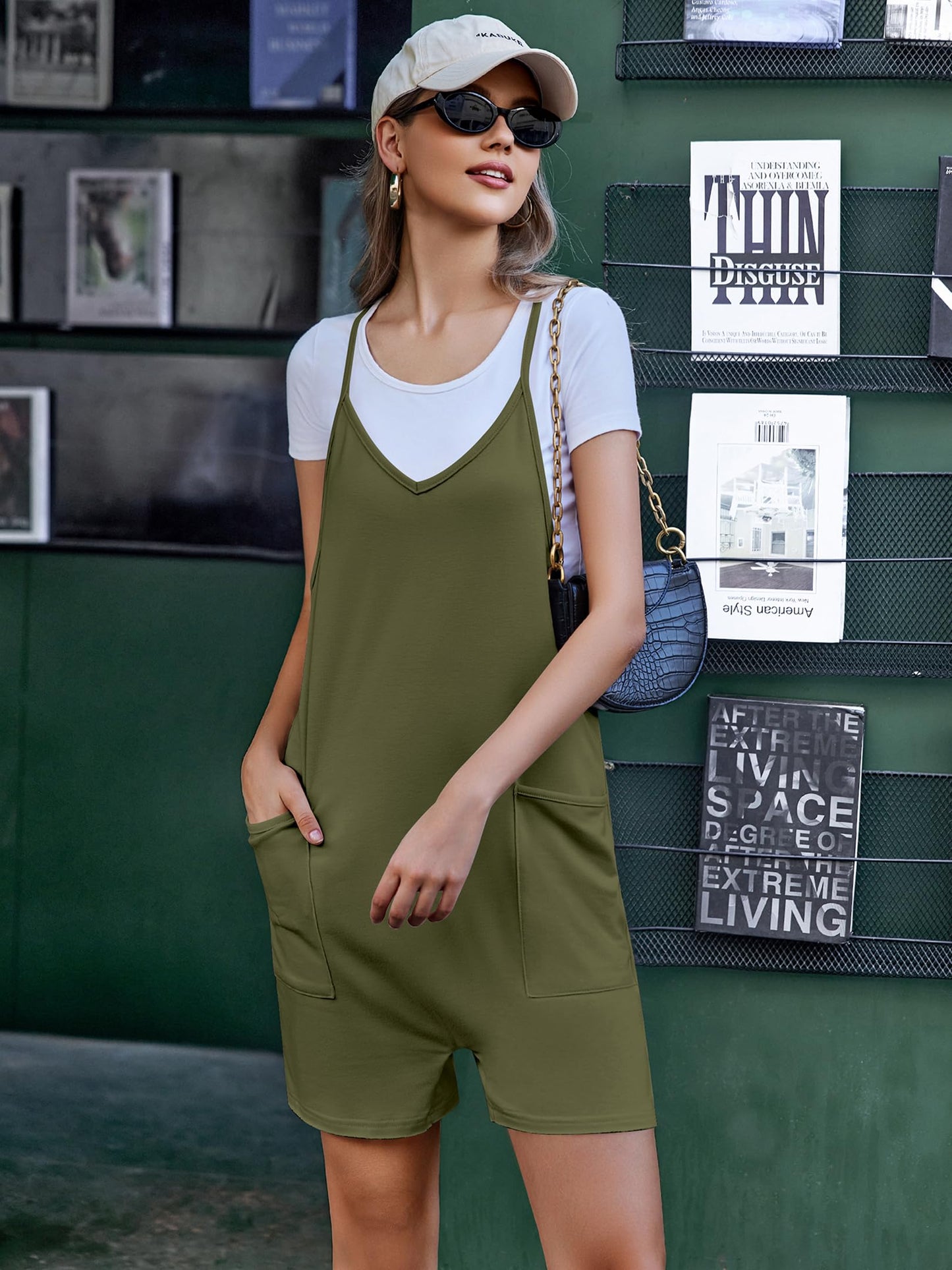 Ekouaer Rompers for Women Summer Casual Sleeveless Spaghetti Strap Shorts Overalls Jumpsuits Beach Outfits with Pockets