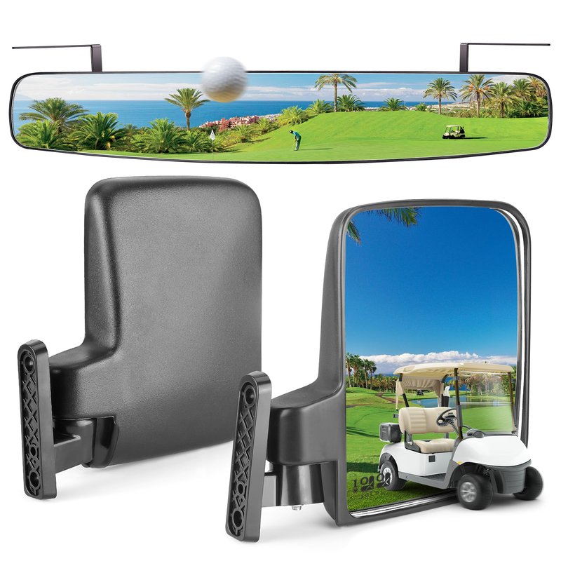 10L0L Newest Golf Cart Mirrors, Folding Side and Panoramic Rear View Mirror Kit for Yamaha Club Car EZGO, Eliminate Blind Spots Clear Convex Style