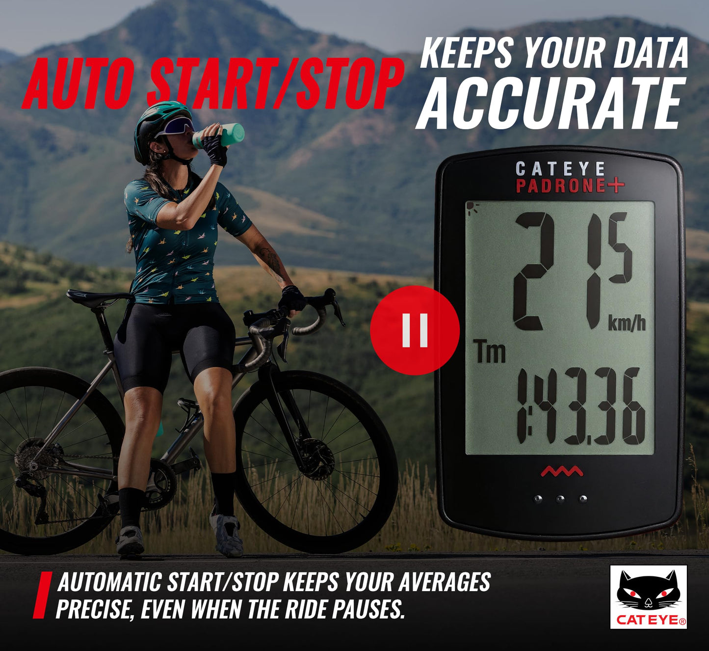CATEYE Padrone Plus Bike Computer – Oversized Display Cyclocomputer, Wireless Speed Tracking for Cyclists, FlexTight™ Mount, Automatic Start/Stop, Backlight Display with Night Mode