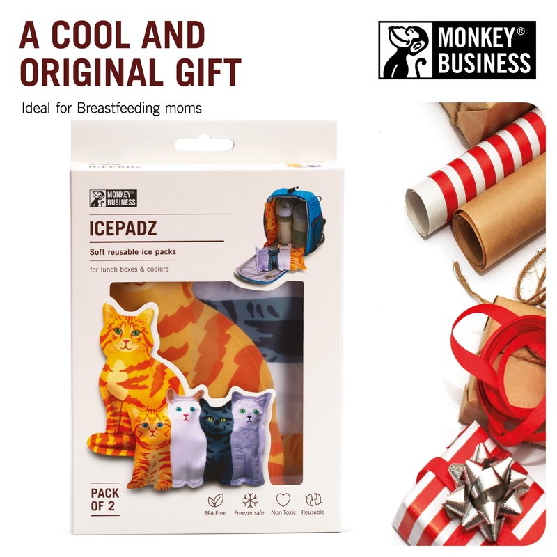 Monkey Business Icepadz Soft Ice Pack Set, 2 Reusable Ice Packs for Baby Bottles and Breast Milk, Slim Ice Pack for Cooler and Lunch Box, (Icepadz - Kitty)