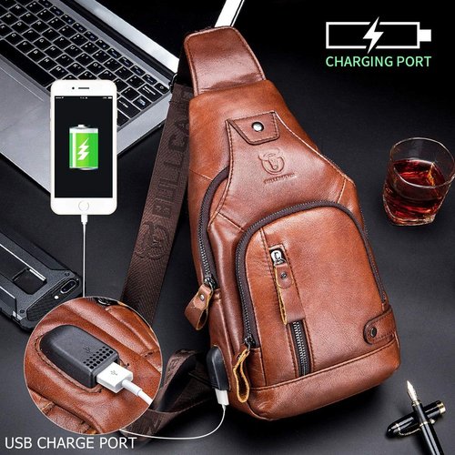 BULLCAPTAIN Genuine Leather Mens Sling Bag Multipurpose Travel Crossbody Chest Bag Daypacks with USB Charging Port (Brown)