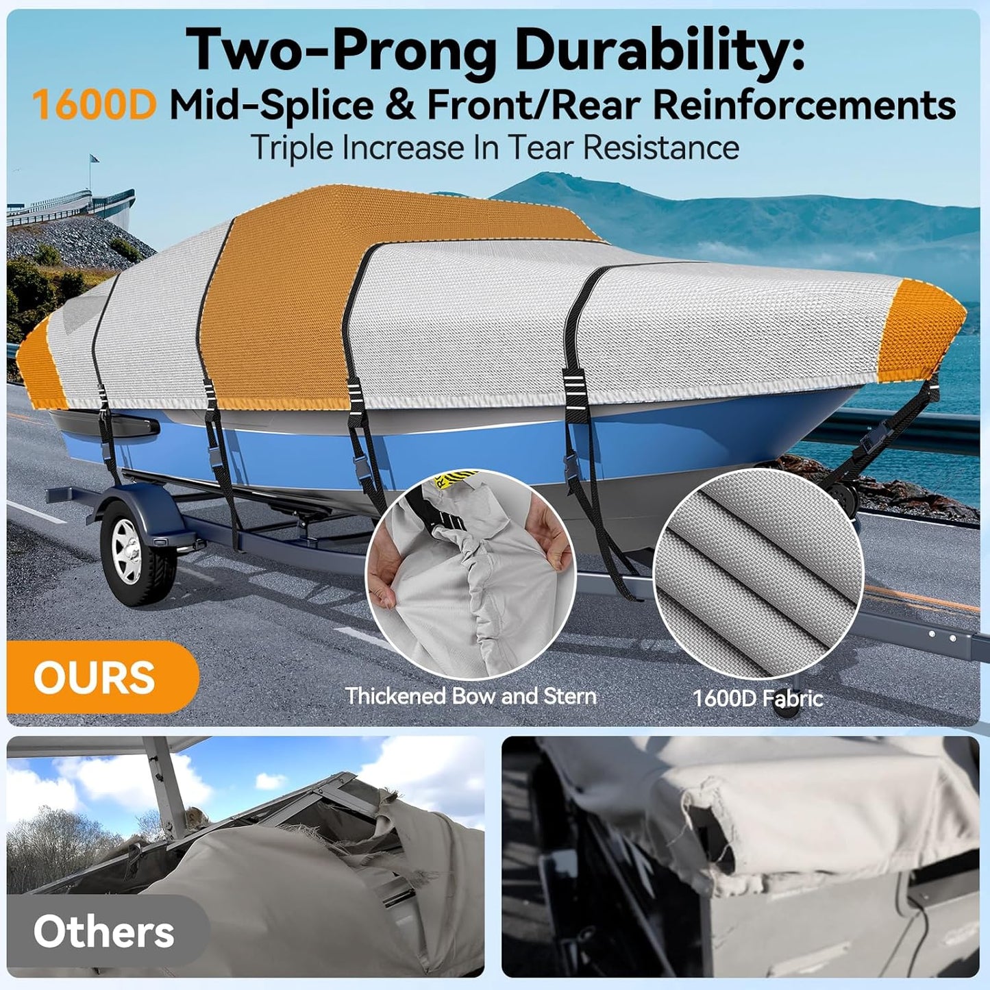 1600D + 1200D Boat Cover - Ultra Durable Waterproof Protection for 16-18.5ft Boats | Includes Storage Bag