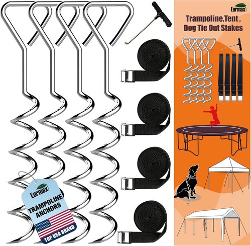 EURMAX USA Windproof Trampoline Stakes - Heavy-Duty 4-Piece Steel Anchor Kit with T-Hook & Safety Straps