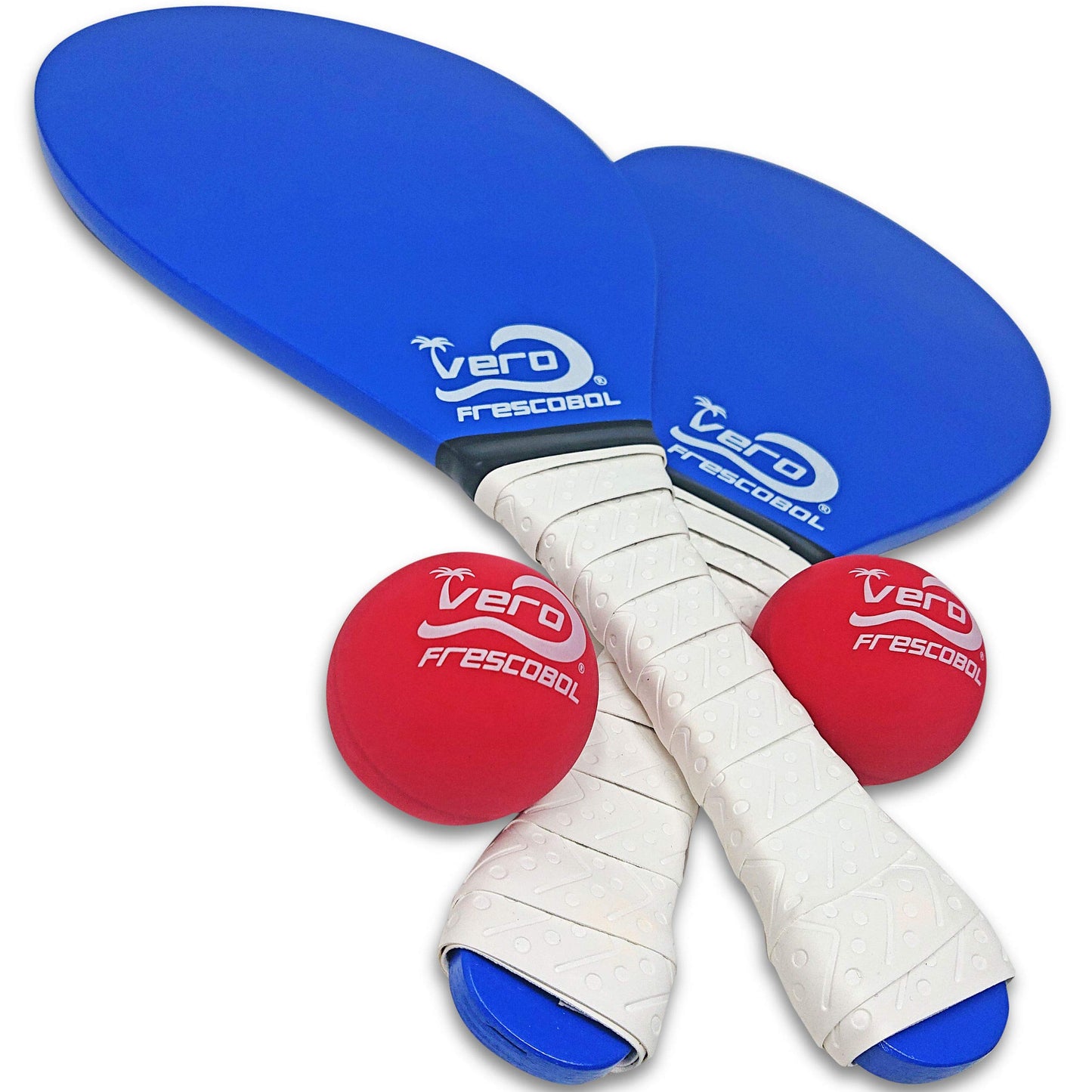Frescobol Starter Set – 2 Vero Wood Beach Paddles with Premium White Padded Grips, Beach Bag, 2 Official Red Balls