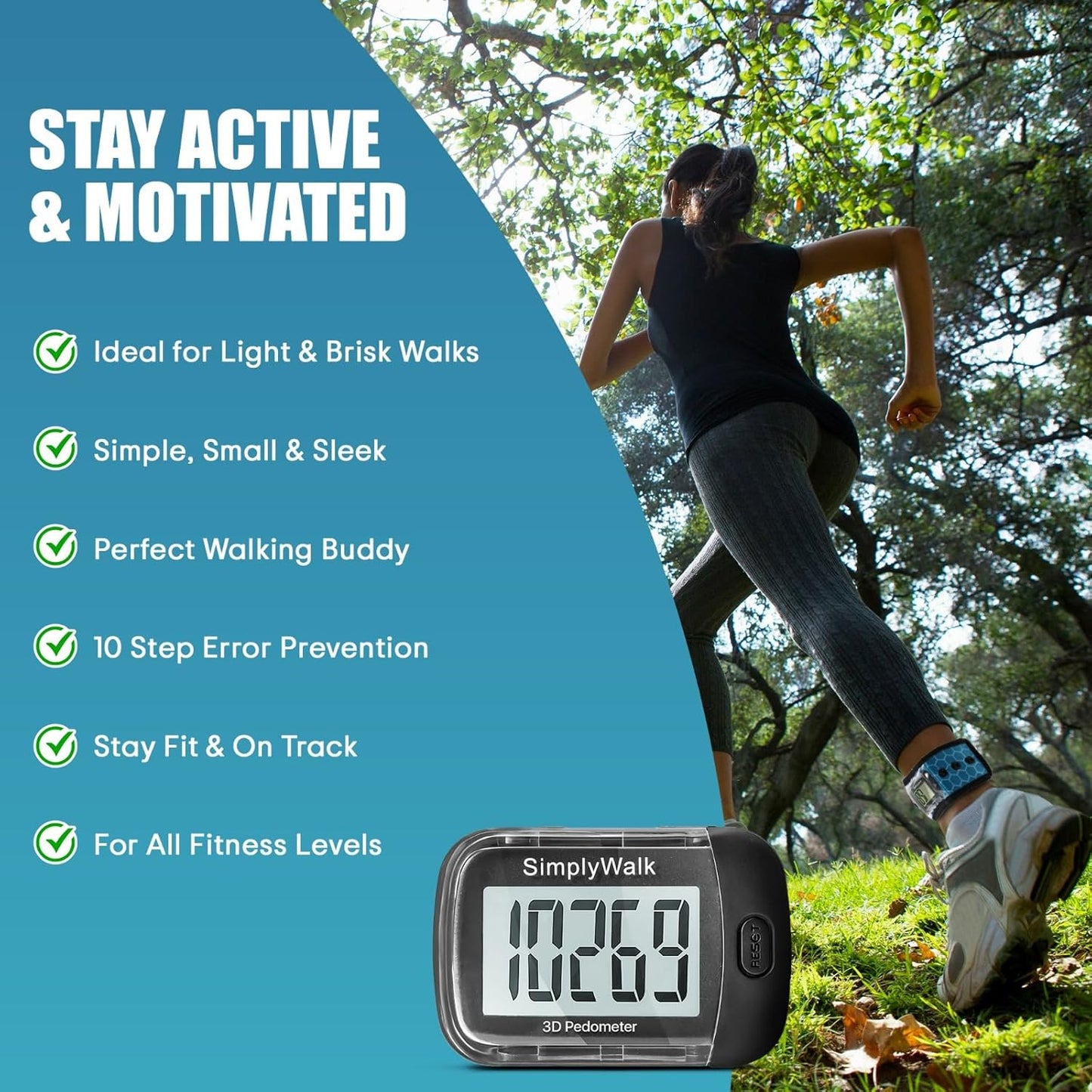 Simple Pedometer - Step Counter with Large Display for Walking | Ideal for Women, Men, Kids, Seniors