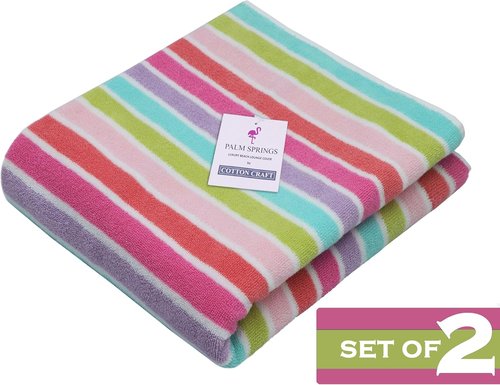 COTTON CRAFT Pool Lounge Chair Cover - Soft 100% Cotton Dobby Terry Stripe - Oversized 32" W x 82" L x 7" Pocket - Pink Multi