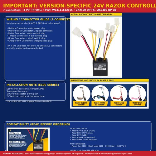 24V Controller for Razor E100 Scooter - Control Module with 7 Connectors (4 Pin Throttle) for Razor E100, E125 (V10+), E150, E175 (V18+) - ZK2400-DP-LD-ROHS, ZK2400-DP-FS-ROHS, Part #W13111612015