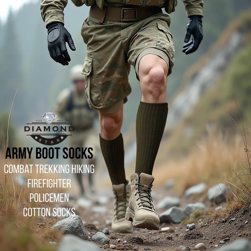 Diamond Star Men's Military Boot Socks – Quick-Dry Cotton Crew Socks for Army, Firefighters, Police, Hiking & Trekking Pack 6 Pairs Green (10-13).