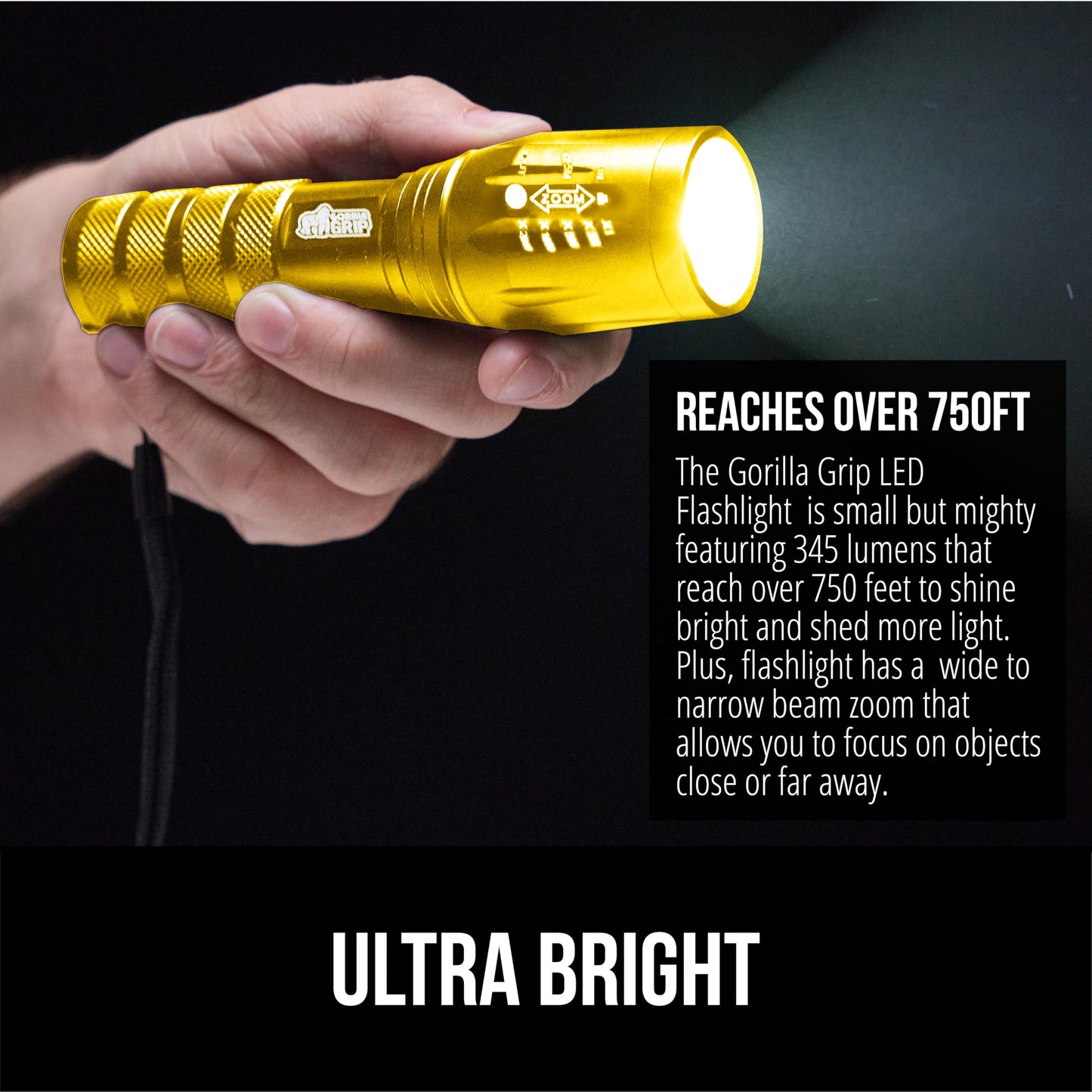 GORILLA GRIP Powerful LED Tactical Flashlight, 750 FT High Lumens 5 Adjustable Modes, Water Resistant, Ultra Bright Zoom Flashlights, Small Mini Flash Light, Camping, Night Dog Walking, Gold